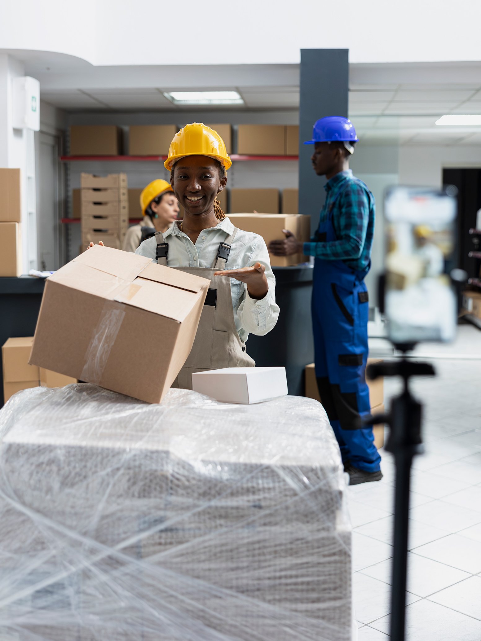 small business staff creates social media ad while filming logistics centeraaa